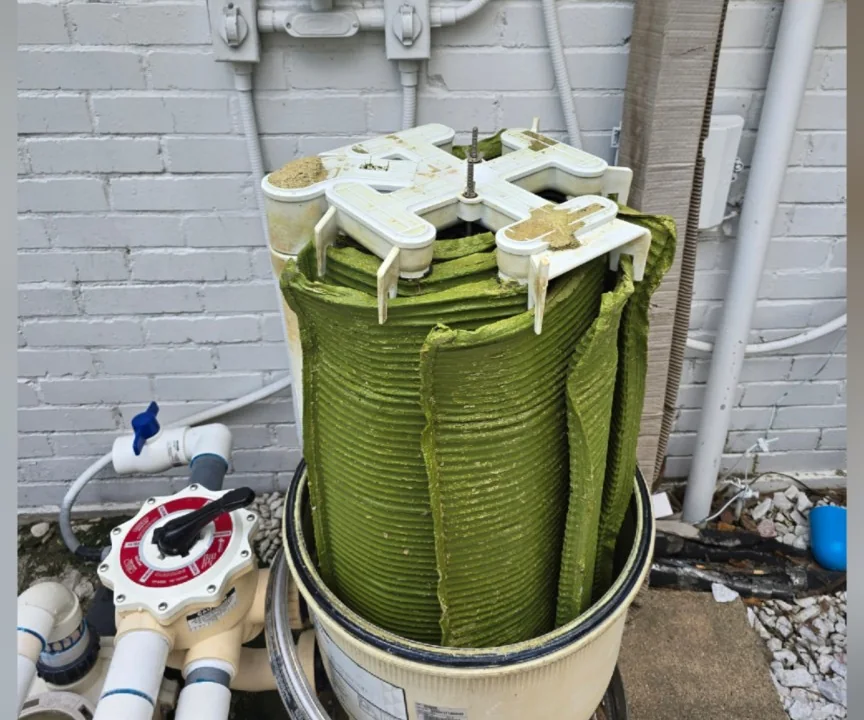 Dirty pool filter before Aqua Heart Pools deep cleaning